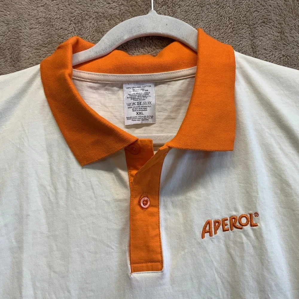 Aperol Liquors Polo Shirt Sz XXL 2X Organic Cotton Collared Spellout Graphic EUC